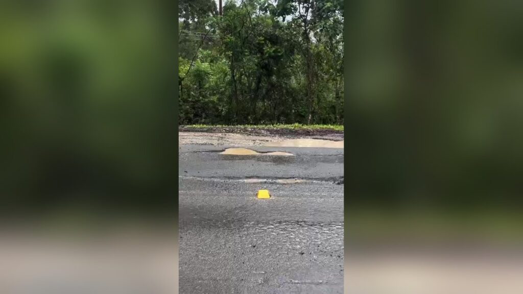 Buracos na curva da PR-160 antes do posto da Polícia Rodoviária, na chegada a Telêmaco Borba