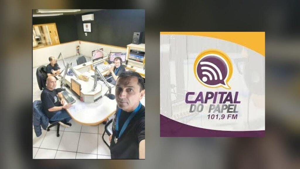 Estúdio e logotipo da Rádio Capital do Papel 101,9 FM