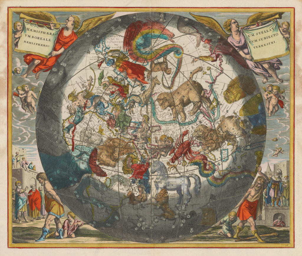 Mapa celeste com os signos do zodíaco (Andreas Cellarius, 1660)